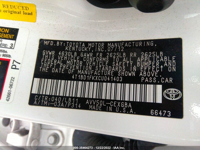 2012 TOYOTA CAMRY HYBRID XLE/LE VIN: 4T1BD1FKXCU041403