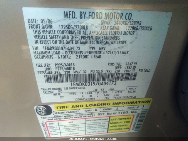 2007 FORD FREESTYLE LIMITED VIN: 1FMDK03197GA04173