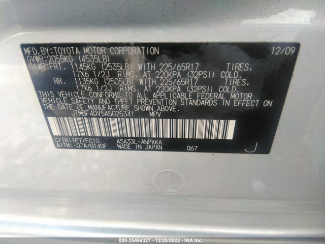 2010 TOYOTA RAV4 VIN: JTMBF4DV5A5025341