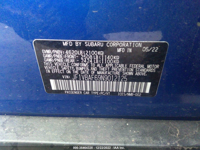 2022 Subaru WRX, VIN: JF1VBAF69N9012125