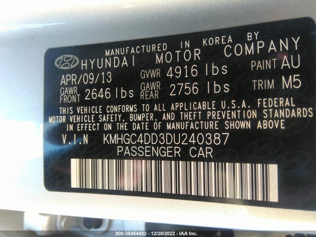 2013 HYUNDAI GENESIS 3.8L VIN: KMHGC4DD3DU240387
