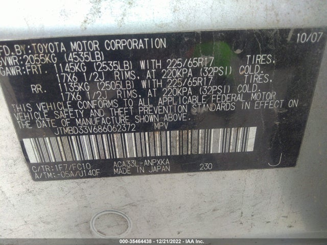 2008 TOYOTA RAV4 VIN: JTMBD33V686062372