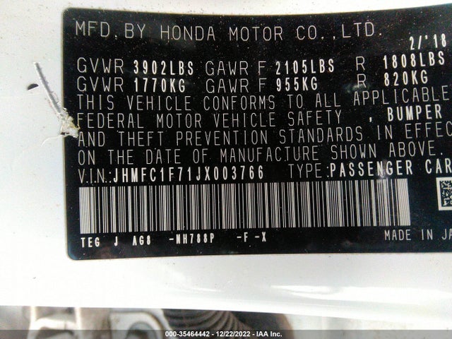 35464442 :رقم المزاد ، JHMFC1F71JX003766 vin ، 2018 Honda Civic Sedan Ex-l مزاد بيع