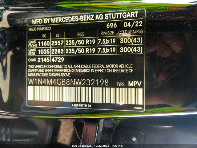2022 Mercedes-Benz GLB-Class, VIN: W1N4M4GB8NW232198