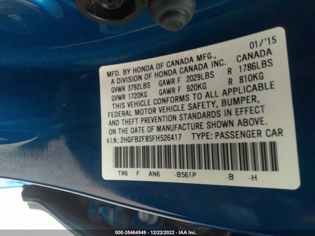 Honda CIVIC SEDAN 2015 2HGFB2F85FH526417 Image 9