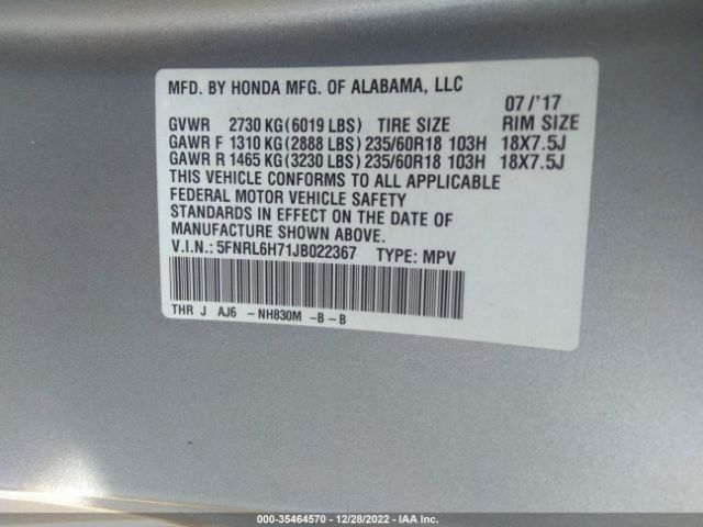 5FNRL6H71JB022367 Honda Odyssey Ex-l