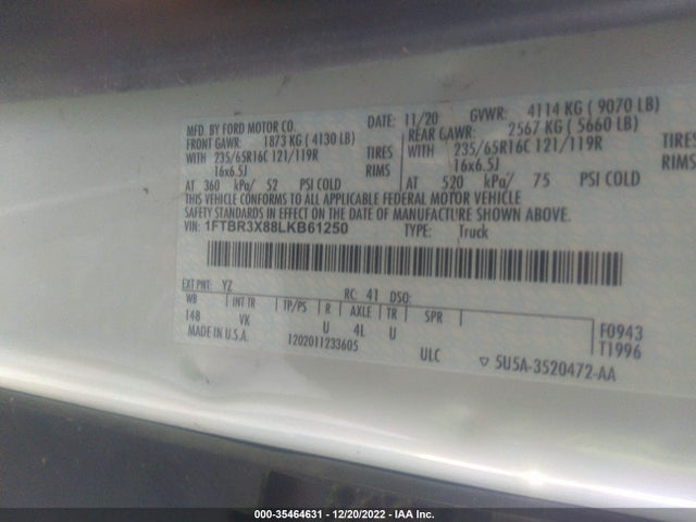 Ford TRANSIT CARGO VAN 2020 1FTBR3X88LKB61250 Image 10