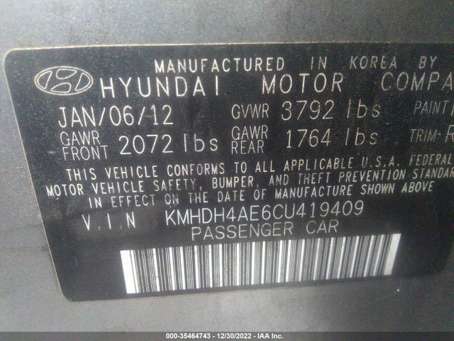 2012 HYUNDAI ELANTRA GLS VIN: KMHDH4AE6CU419409