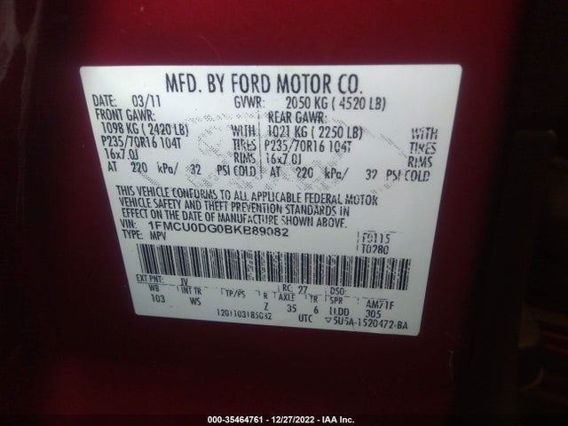 2011 FORD ESCAPE XLT VIN: 1FMCU0DG0BKB89082