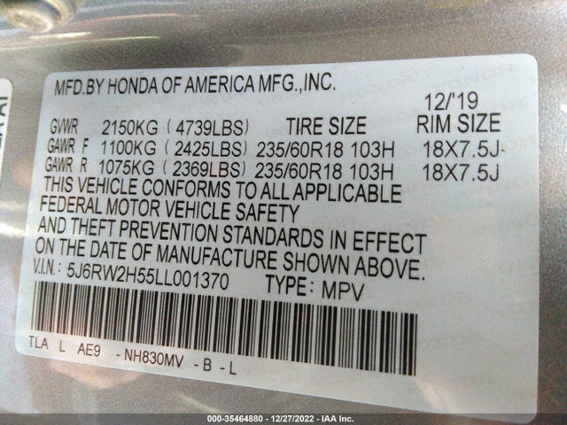 Honda CR-V EX 2020 5J6RW2H55LL001370 Image 9