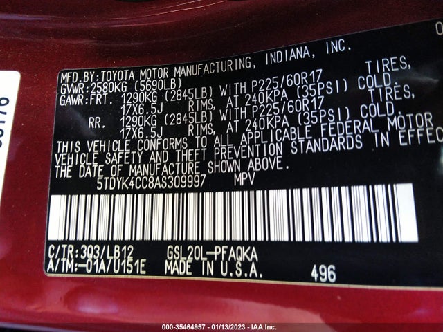 2010 TOYOTA SIENNA XLE VIN: 5TDYK4CC8AS309997