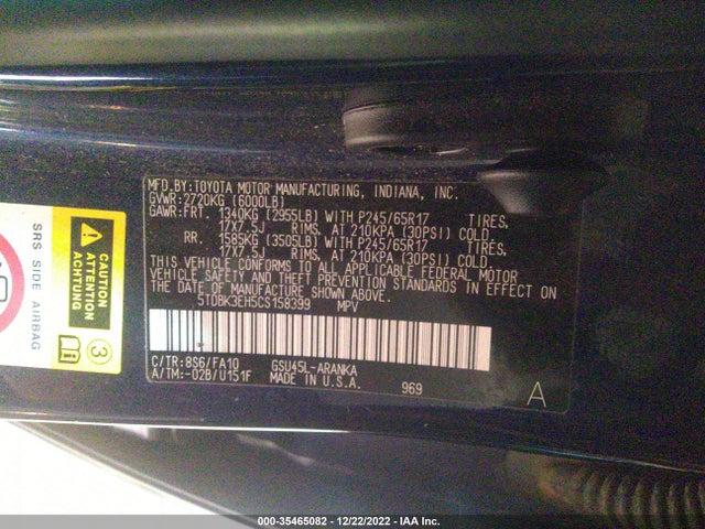 2012 TOYOTA HIGHLANDER VIN: 5TDBK3EH5CS158399