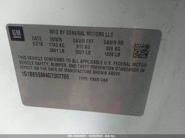 Chevrolet CRUZE LT 2016 1G1BE5SM4G7307785 Image 10