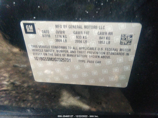 2016 Chevrolet Cruze, VIN: 1G1BG5SM2G7325731