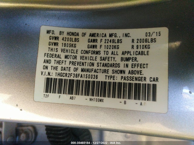 Honda Accord Sedan Lx 2015 1HGCR2F36FA150036 Image 9
