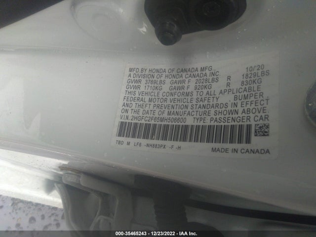 2021 HONDA CIVIC SEDAN LX VIN: 2HGFC2F65MH506600