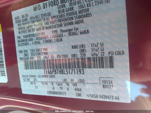2020 FORD MUSTANG ECOBOOST VIN: 1FA6P8TH8L5171193
