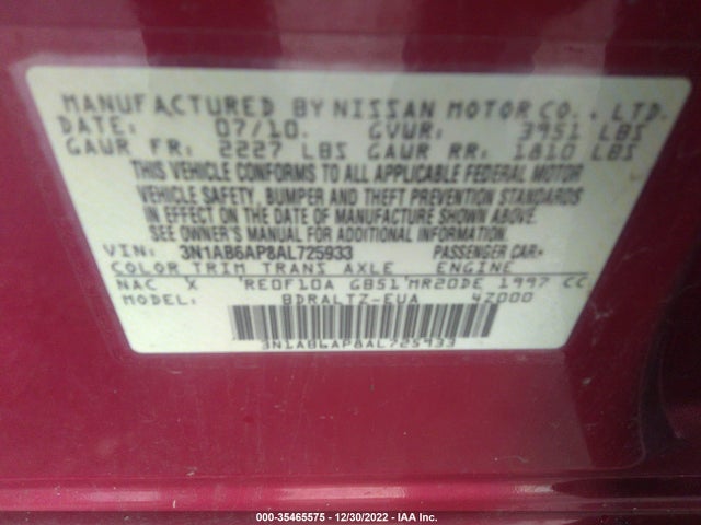 2010 NISSAN SENTRA 2.0 S VIN: 3N1AB6AP8AL725933