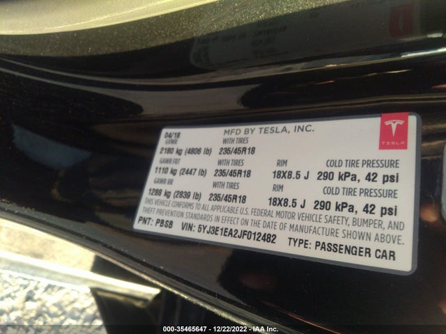 Tesla Model 3 Range Battery 2018 5YJ3E1EA2JF012482 Image 10