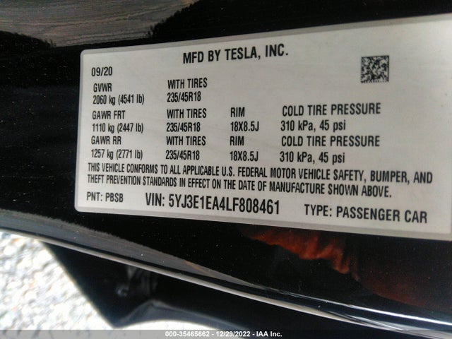 Tesla Model 3 Standard Range 2020 5YJ3E1EA4LF808461 Image 11