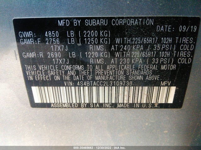 2020 Subaru Outback, VIN: 4S4BTACC2L3109733