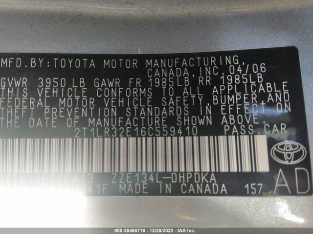 2006 TOYOTA MATRIX STD/XR VIN: 2T1LR32E16C559410