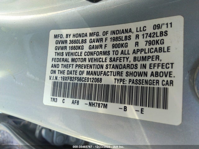 2012 HONDA CIVIC SDN LX VIN: 19XFB2F56CE012068