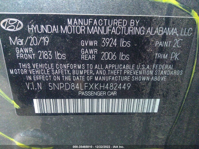 2019 HYUNDAI ELANTRA SEL VIN: 5NPD84LFXKH482449