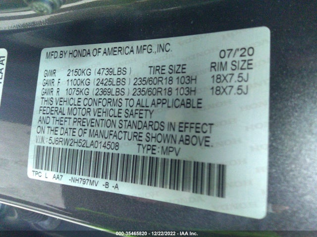 Honda CR-V EX 2020 5J6RW2H52LA014508 Image 9