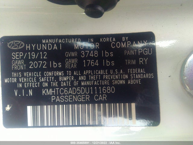 2013 HYUNDAI VELOSTER W/GRAY INT VIN: KMHTC6AD5DU111680