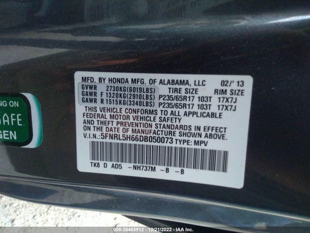 2013 HONDA ODYSSEY EX-L VIN: 5FNRL5H66DB050073