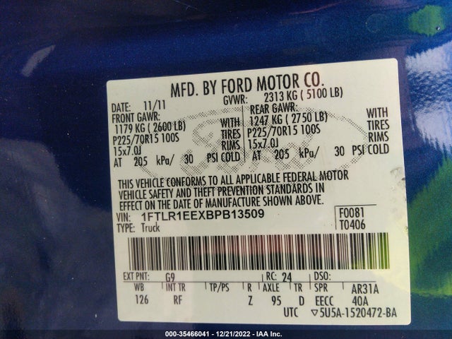 2011 FORD RANGER XL/XLT/SPORT VIN: 1FTLR1EEXBPB13509
