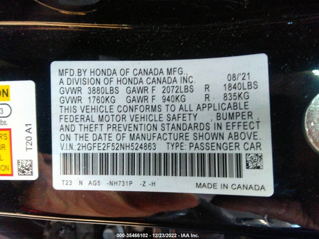 2022 Honda Civic, VIN: 2HGFE2F52NH524863