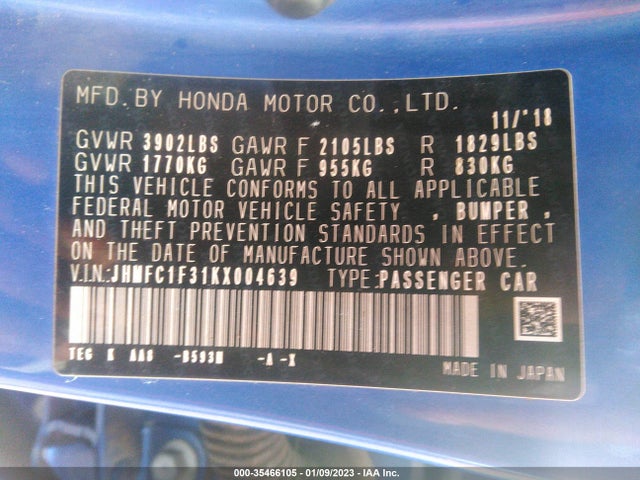 Honda Civic Sedan Ex 2019 JHMFC1F31KX004639 Image 9