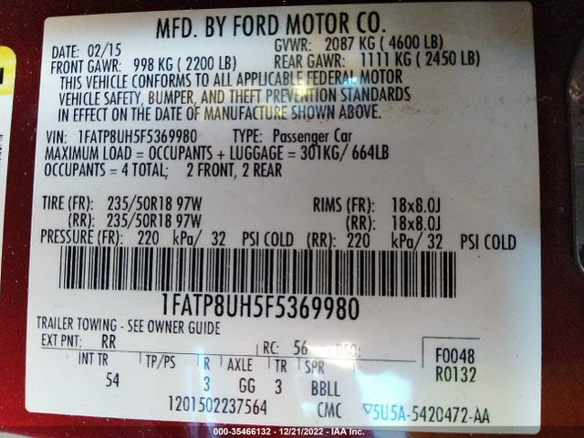 2015 FORD MUSTANG ECOBOOST PREMIUM VIN: 1FATP8UH5F5369980