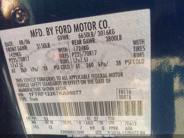 2007 FORD F-150 XL/STX/XLT VIN: 1FTRF12267KA96077
