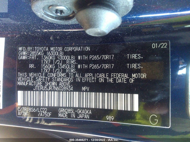 2022 Toyota 4Runner, VIN: JTERU5JR7N6028934