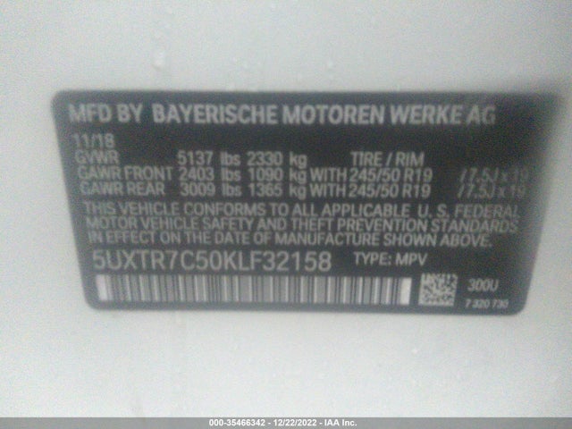 2019 BMW X3 SDRIVE30I VIN: 5UXTR7C50KLF32158