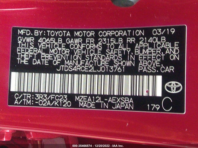 2020 TOYOTA COROLLA SE/NIGHTSHADE VIN: JTDS4RCE2LJ013761