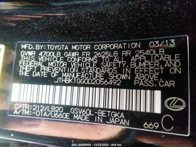 Lexus Es 350 4dr Sdn 2013 JTHBK1GG0D2056492 Image 10