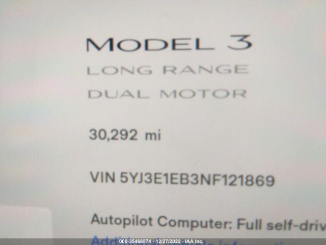 5YJ3E1EB3NF121869 Tesla MODEL 3
