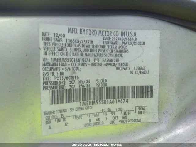 2001 MERCURY SABLE LS PREMIUM VIN: 1MEHM55S01A619674