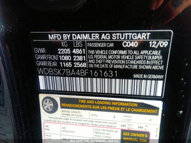 2011 MERCEDES-BENZ SL-CLASS SL 550 VIN: WDBSK7BA4BF161631