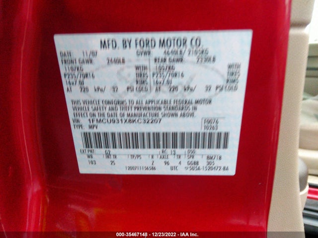 2008 FORD ESCAPE XLT VIN: 1FMCU931X8KC32207