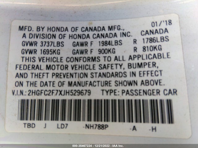 2018 HONDA CIVIC SEDAN EX VIN: 2HGFC2F7XJH529679