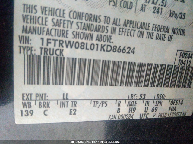 2001 FORD F-150 SUPERCREW XLT/LARIAT/KING RANCH VIN: 1FTRW08L01KD86624