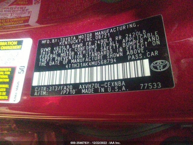 2021 Toyota Camry, VIN: 4T1H31AK4MU568794
