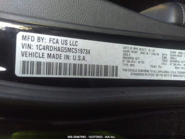 2021 Dodge Durango, VIN: 1C4RDHAG5MC519734