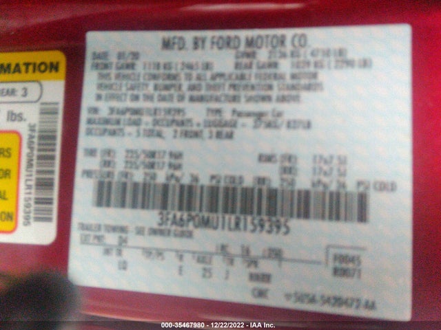 2020 Ford Fusion, VIN: 3FA6P0MU1LR159395