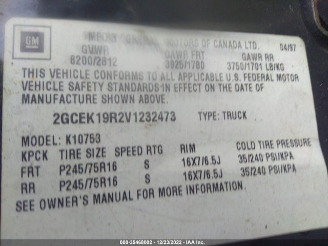 1997 CHEVROLET C/K 1500 VIN: 2GCEK19R2V1232473
